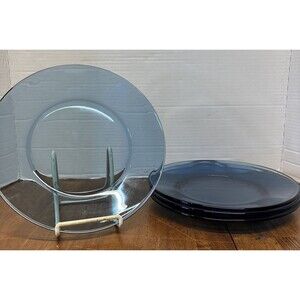 Vintage Smoke Blue Glass Dinner Plates Set of 4 Coupe 10” Unmarked MCM